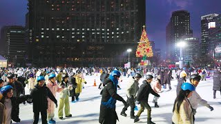 Crowded 0.68 Dollar Tour ↓ Seoul Plaza Skating Rink Evening Night Tour, Seoul Winter Festa.