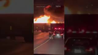 Freight train on fire rolls through downtown London, Ont.