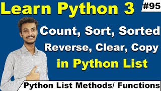 Python list count, sort, sorted, reverse, clear, copy method, list sorting in Hindi, cyber warriors