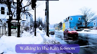 Walking Through Bannerman Park and St. John's Historic Streets in the Rain and Snow Sidewalk Stroll