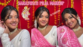 Jamdani saree makeup look for Saraswati Puja 2025🪕|| No foundation makeup||makeup under rs 199😱