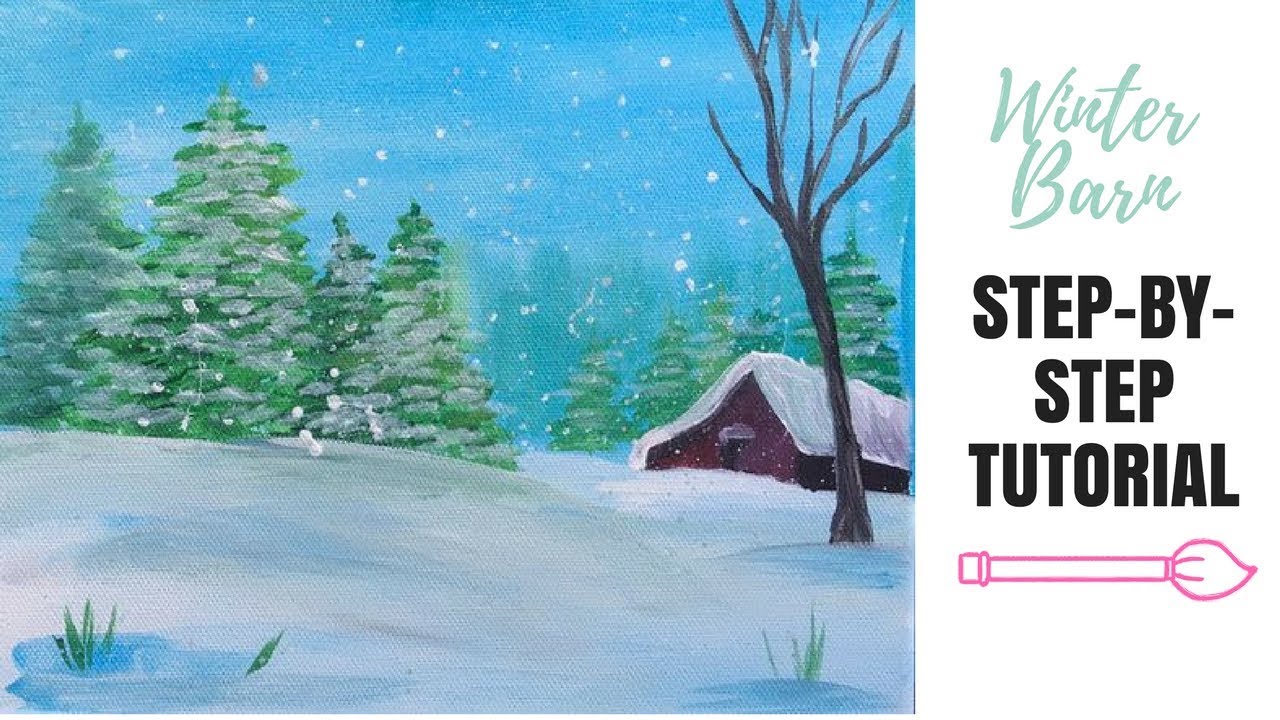 Winter Landscape With Red Barn & Fir Trees | Acrylic Painting Tutorial ...