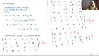 Pertemuan ke-3 aljabar linier membahas soal untuk solusi SPL Homogen dengan Eliminasi Gaus-Jordan