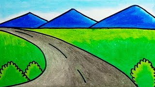 How To Draw Easy Scenery |How To Draw Mountain And Natural Scenery Easy With Oil Pastels