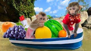Bim Bim rowes a boat to pick watermelon for baby monkey Obi