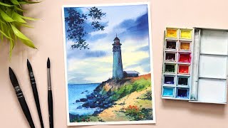 How to Paint Lighthouse Landscape: A Watercolor Painting for Beginners and Intermediate