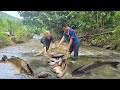 The orphan boy and the old woman weaved cages and stacked stones to block the stream to catch fish.