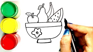 How To Draw Fruits In A Basket|drawing and coloring fruit basket for kids
