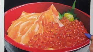 絵の具で描いてみた。「サーモンとイクラの親子丼」I drew the oyakodon (salmon and salmon roe) with paint