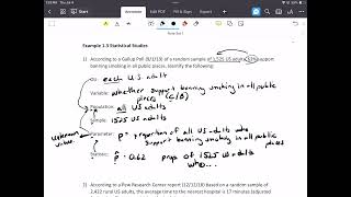 STAT: Example identifying OU, variable, population, sample, parameter, statistic (pg 4)