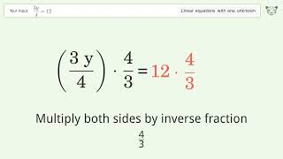 Linear equation with one unknown: Solve (3y)/4=12 step-by-step solution