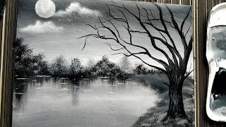 Easy Black & White Landscape Painting Tutorial for Beginners|| Acrylic Painting Techniques