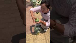 a beautiful girl catch a meon land eat it #nature #agriculture #melon