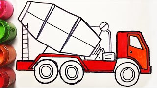 Vẽ xe trộn bê tông | Concrete Mixer Truck Coloring Belajar Menggambar dan Mewarnai untuk Anak