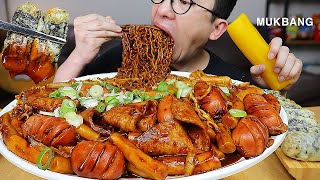 ASMR MUKBANGㅣBlack Noodle TTeokbokki & GIMMARI FRIED SEAWEED ROLLㅣEATING SHOW