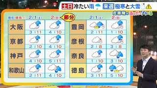 【2月1(土)】土日の近畿は冷たい雨…東京は大雪？　来週は寒波の影響で大阪の最高気温が５℃予想の日も！？【近畿の天気】#天気 #気象