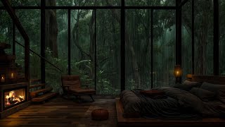 Peaceful Cabin Ambience with Soft Night Rain 💧 Fireplace and Rain Sounds for Rest, Study, Work