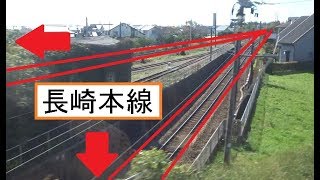 鹿児島本線と長崎本線が立体交差で分岐する鳥栖駅を出発する特急みどり783系の車窓