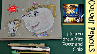 How to draw Mrs Potts and Chip from Beauty and the Beast using colour Pencils