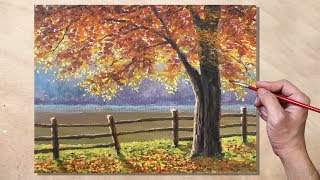 Acrylic Painting Sunlit Autumn Tree Landscape