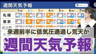 週間天気予報　来週前半に低気圧通過し荒れた天気の可能性