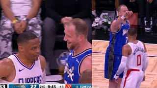 RUSSELL WESTBROOK THROWS BALL AT JOE INGLES JOKINGLY AFTER MOCKED BY HIM!