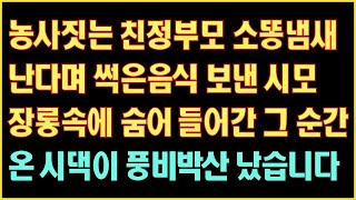 [반전 실화사연] 농사짓는 친정부모 소똥냄새 난다며 썩은음식 보낸 시모 장롱속에 숨어들어간 순간 시댁이 풍비박산 났습니다|사연읽어주는|라디오드라마|연속극|커피엔톡|라디오사연