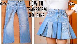 DIY Pleated Skirt From an Old Pair of Jeans || How to Transform Old Jeans into a Denim Skirt