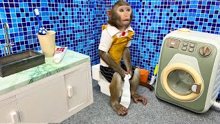 Cute baby monkey Bim Bim eats fruit at the farm and goes to the toilet | Baby monkey animal video