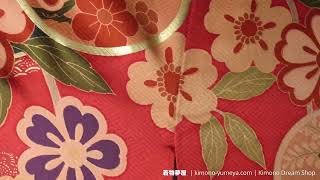 Bold Red with Peach Tachibana \u0026 Sakura Silk Furisode - Vintage Formal Japanese Kimono Coming of Age