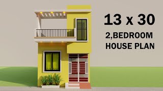Small 2 bedroom house plan,13 by 30 makan ka naksha,3D ghar ka naksha,new small house elevation
