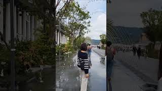 Strolling under the sprinkler fountains in Seoul, Korea.