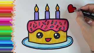 🎂 How to Draw a Beautiful Birthday Cake with Candles | step by step Easy Drawing | painting for kids