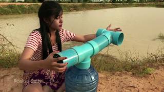 Creative Girl Make Plastic Fish Trap Using PVC And Plastic Bottle To Catch A Lot of Fish