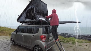 [ASMR] 제주도 레이 캠핑카 우중캠핑, 빗소리 위주 이어폰 필수 Heavy Rain Camping in Jeju - hidden spot 흑돼지,라면,수박 먹방