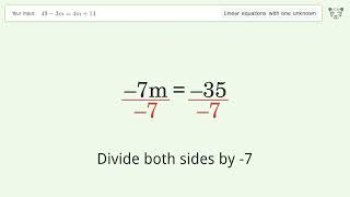 Linear equation with one unknown: Solve 49-3m=4m+14 step-by-step solution