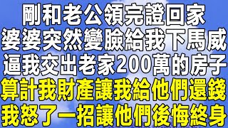 剛和老公領完證回家，婆婆突然變臉給我下馬威，逼我交出老家200萬的房子，算計我財產讓我給他們還錢，我怒了一招讓他們後悔終身！#情感秘密#情感 #民间故事 #中年 #家庭 #深夜故事 #為人處世 #老年