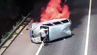 Heroic man rescues passengers trapped in burning minivan