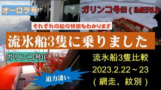 【オホーツク流氷船３隻比較】（オーロラ号、ガリンコ号III、II）