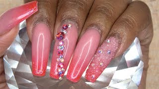 Acrylic Nails Tutorial - How To Cherry Red Ombre Nails with Nail Tips - Swarovski Pixie Crystals