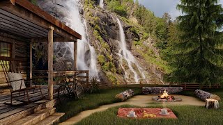Cozy Cabin Porch w/ Waterfall view in Summer Day Ambience | Water and Campfire Sounds for Relaxation