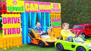 ALİ ARABA YIKIYOR Kid Ride on Toy Cars 🚗 Drive Thru CAR WASH Power wheels