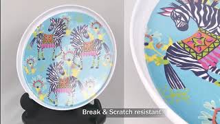 Colorful melamine round tray platter and plate, with Zebra design