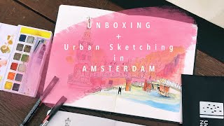Unboxing : Derwent Line and Wash Sketching Set - Urban Sketching with Watercolor in Amsterdam - ASMR