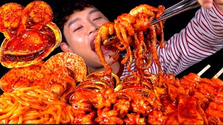 ASMR 땀뻘뻘 매운해물찜 매운낙지 대왕가리비 왕전복 매운어묵 우동볶이 먹방~! Spicy Seafood🥵Octopus Scallops Abalone Noodles MuKBang!