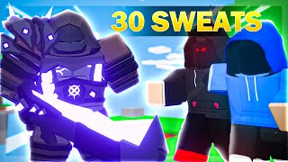 4 VOID BARBARIANS vs 30 Sweats... (ROBLOX BEDWARS MANHUNT)