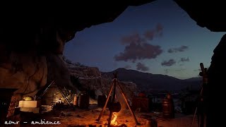 ASMR CAMP FIRE IN A CAVE W/RAIN 1880s 🔥