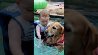 Baby's Best Swim Buddy! 🐶💙 #AdorableMoments