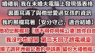 婚禮前 我在未婚夫電腦上發現張表格。裏面寫滿了與他戀愛過女孩的資訊。我的那欄寫著：【安分守己，適合結婚。】而他初戀那欄寫著：【捨不得你伺候公婆 我放你自由】我沒吵也沒鬧 #总裁 #感情 #爱情