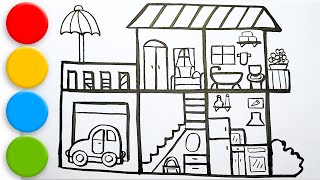 How to Draw a House with garage, kitchen, bathroom and bedroom for Kids. Coloring page.